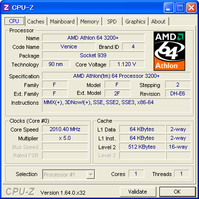 Image: Get CPU(AMD Athlon 64 3200+) information by CPU-Z