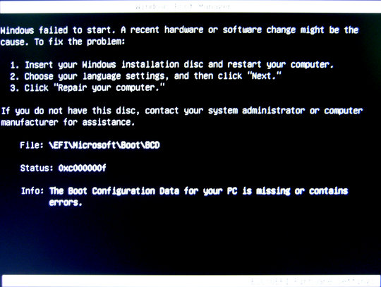 Windows boot manager : Failed to start.