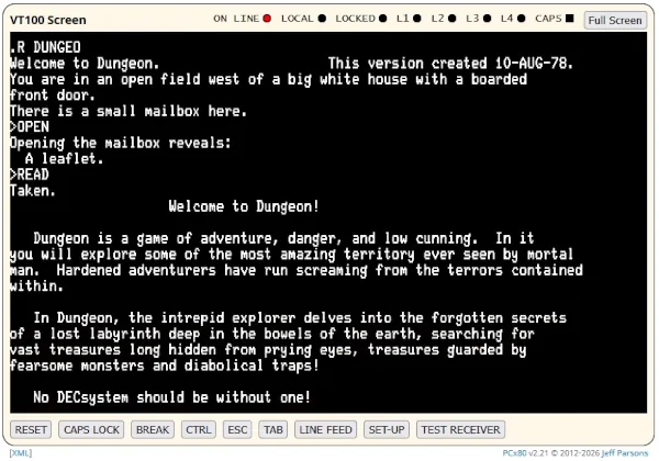Image: 260331 テキストAVG『Dungeon』（1978年 PDP-11 by DECUS 未完版）をプレイ